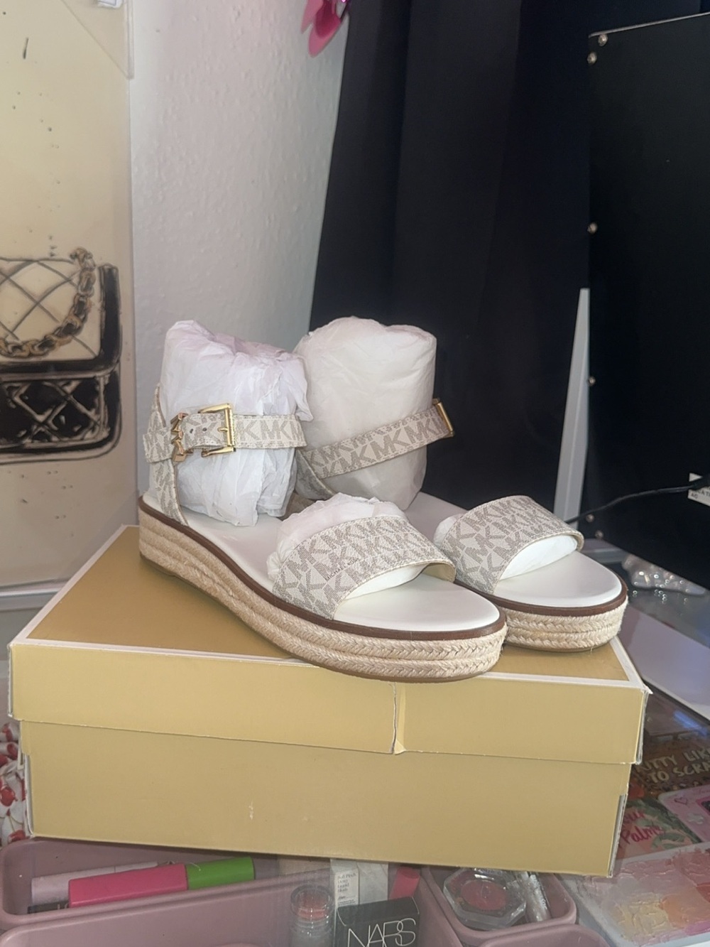 Michael Kors Beige Logo Espadrille Platform Sandals